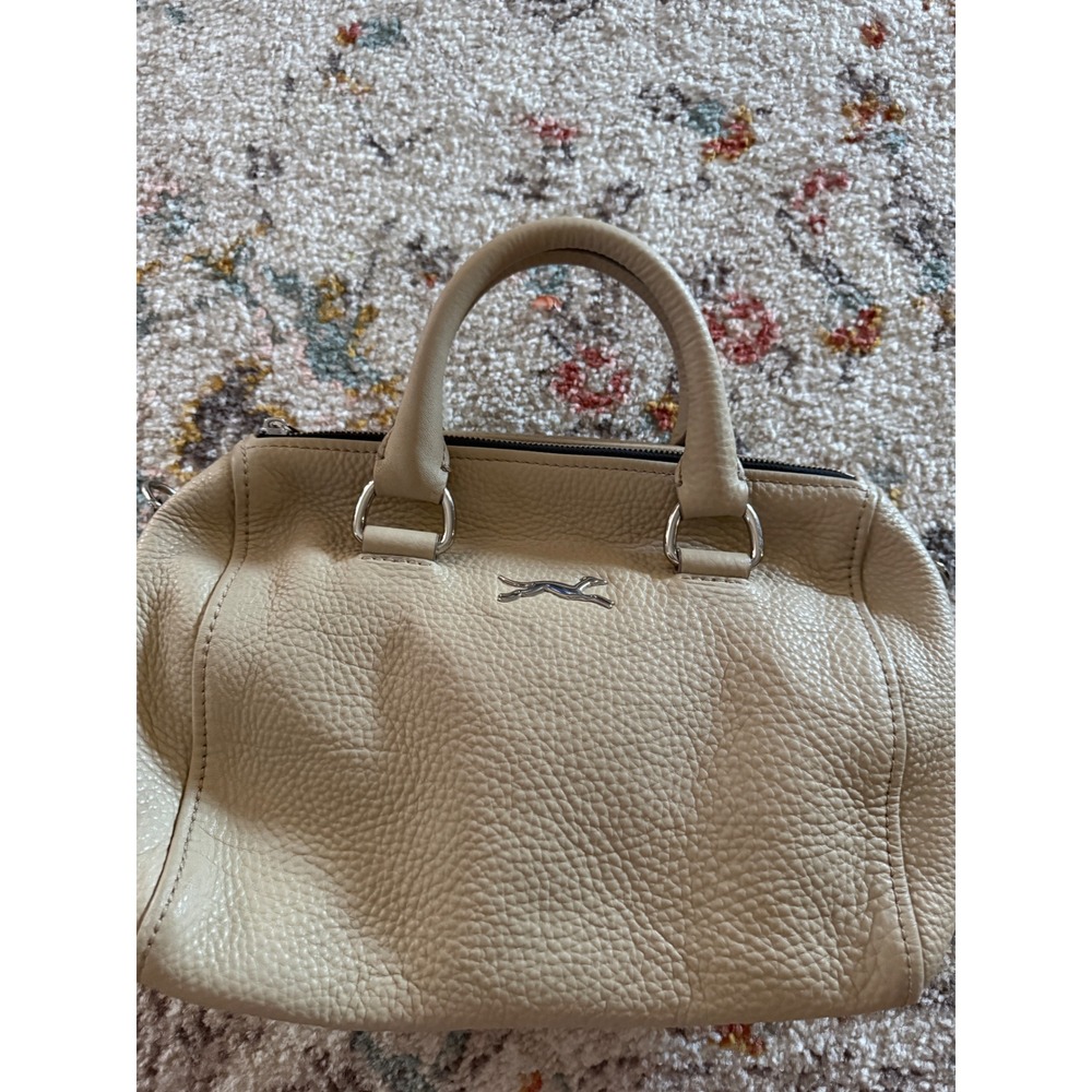 Bimba y Lola Beige Pebbled Leather Satchel Bag Silver Greyhound Logo Handbag